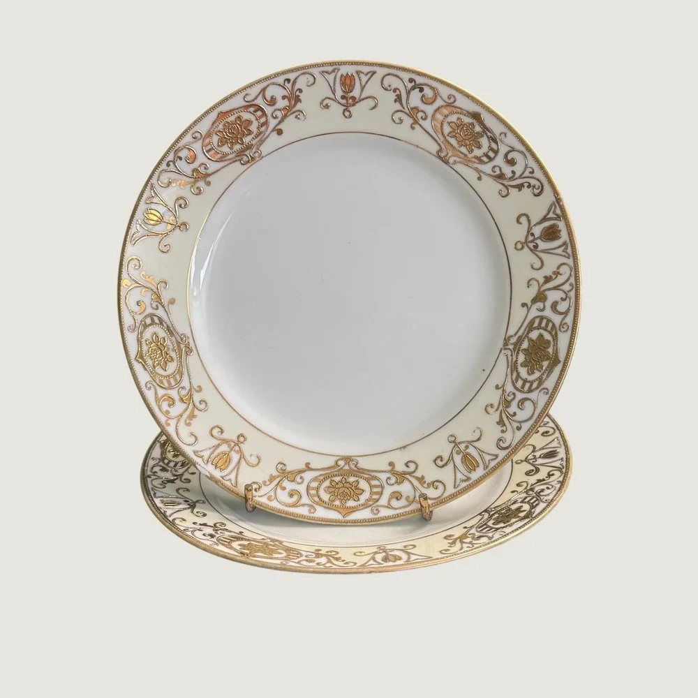 Pair of Vintage Noritake Christmas Ball 175 Gold Scroll Floral Side Plates